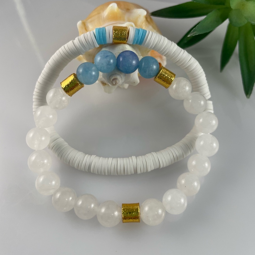 SET of 2 Natural White and Blue Jade, Gold Beads, White Heishi Clay Bracelets